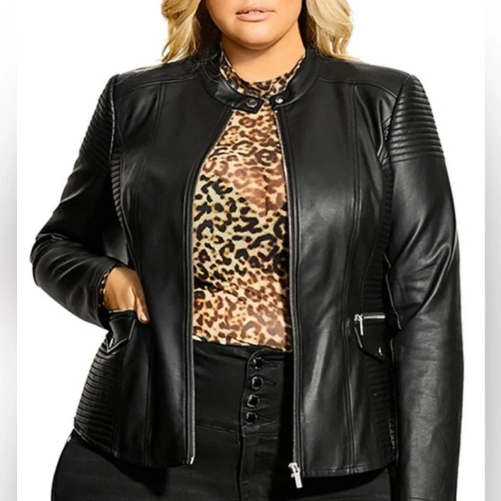 NWT [City Chic] Biker Moto Black w/ Gold Zip-Up Leather Jacket Coat Women’s 12 - Picture 2 of 15